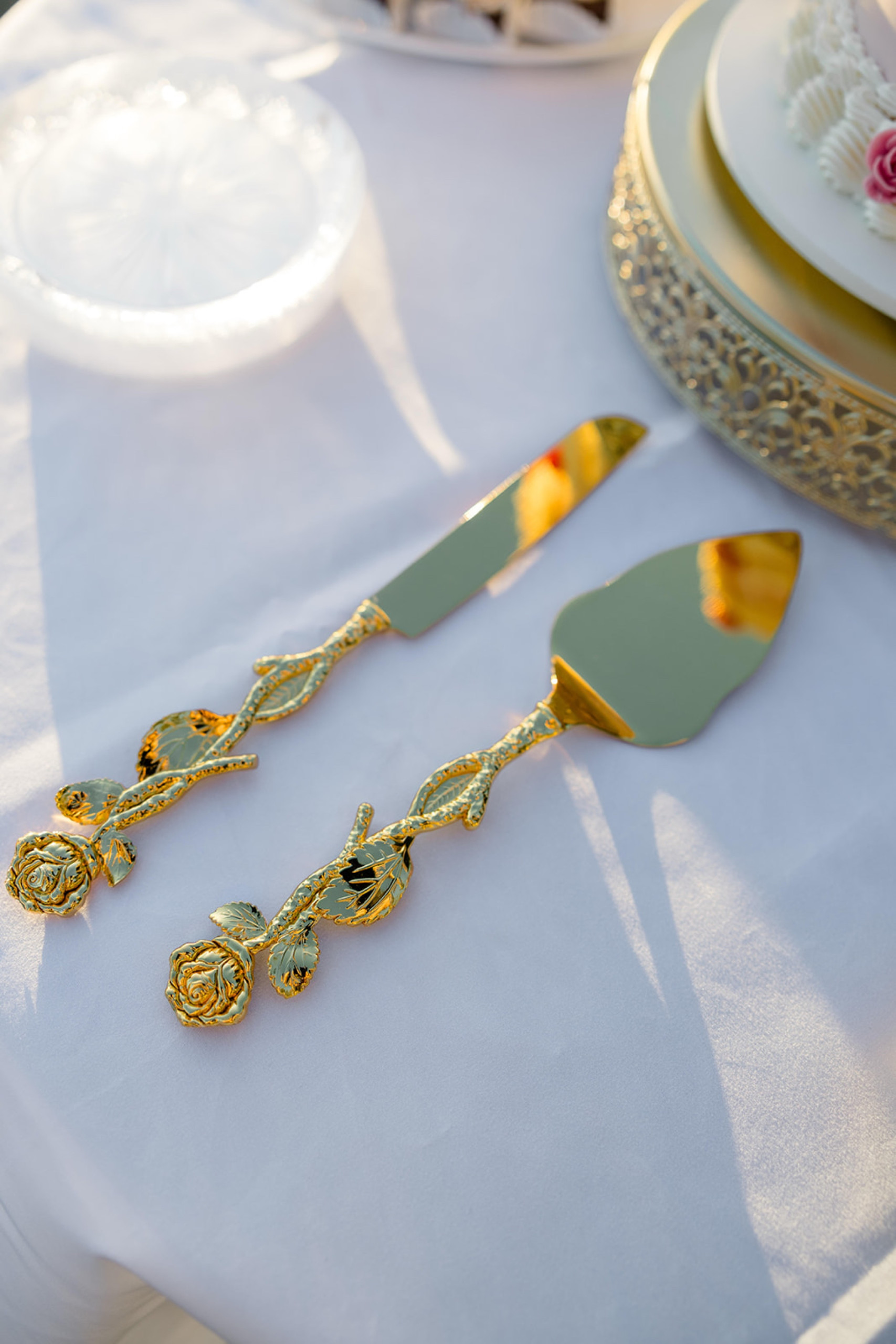 vintage rose wedding cake knife and server